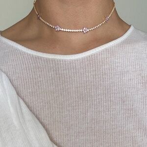 Daisy Flower Gold Dainty CZ Tennis Choker Necklace (Lavender Purple Flower)